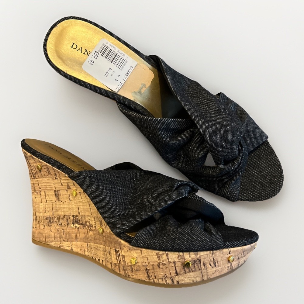 Dana Buchman Wedge Slide Peep Toe Sandals Women 6.5 Garrett Blue Studs 3.5in New